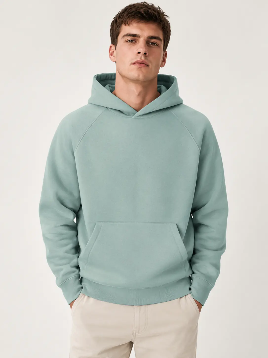 Men's Casual Cotton Pullover Hoodie Sweatshirt - Basic Plain Green Foldable Longsleeve Lightweight Top with Kangaroo Pocket for Casual Ootd Use