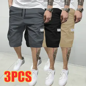 Men’s casual cargo shorts; relaxed cargo pants with large pockets; summer trendy straight-leg knee-length shorts