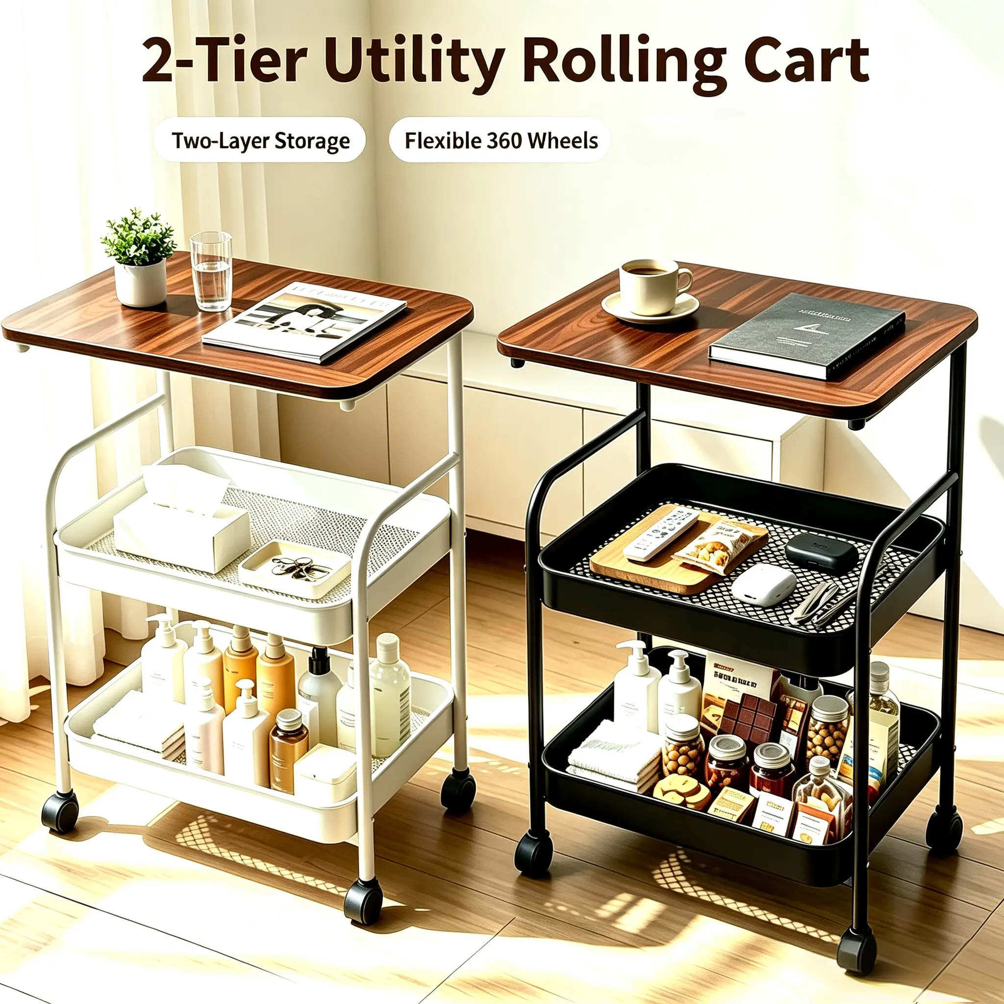 Modern Living Room Cart with 3 Shelves, Black Frame, Wood Top, and Casters for Home Organization