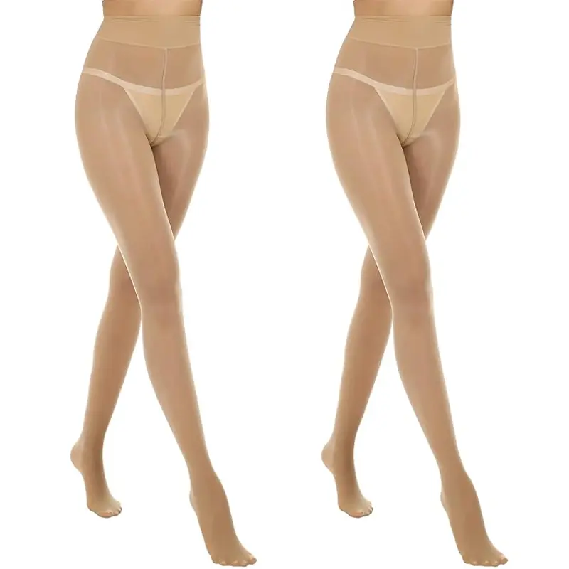 Cocco 2 Pairs Women's Oil Shimmery Sheer Tights, High Waist Silk Comfort Glossy Nylon Pantyhose, Reinforced Toe