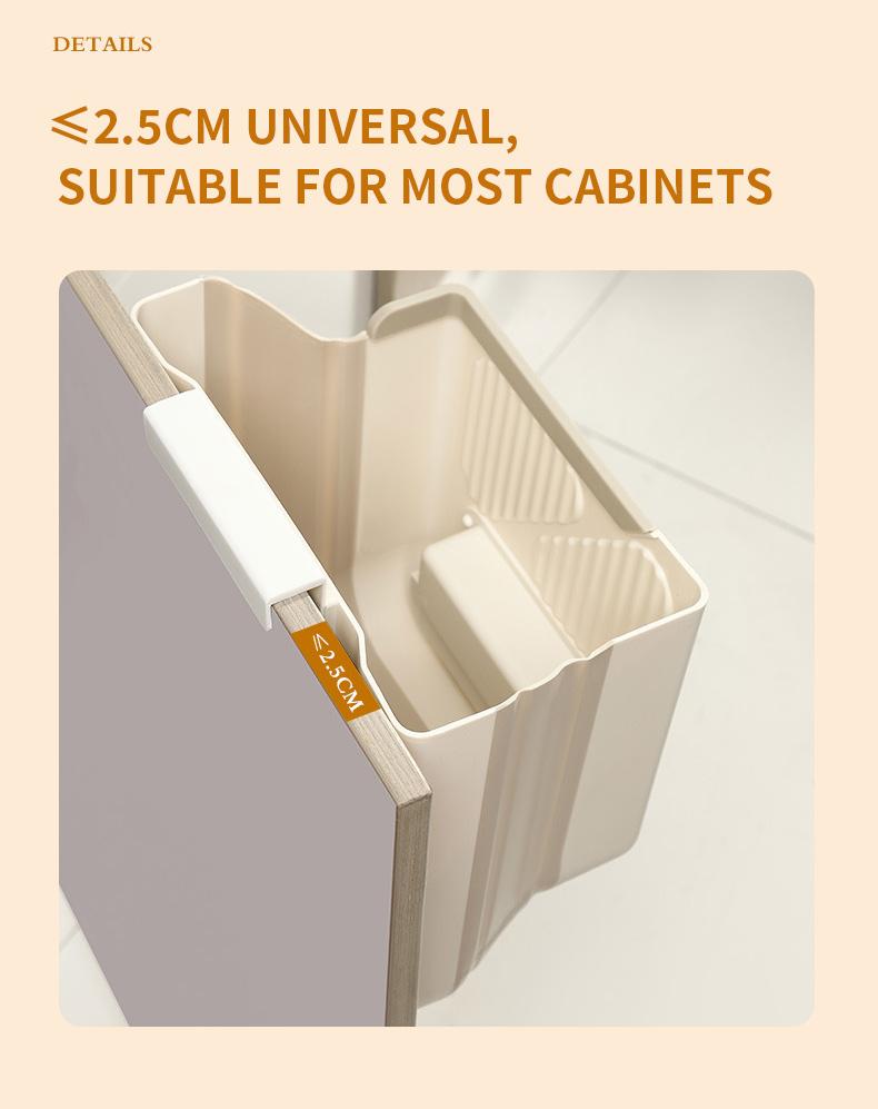 Foldable hanging kitchen trash can for cabinet doors, ideal for food scraps and kitchen waste. Foldable trash can for RVs/bathrooms/cars—space-saving trash can.