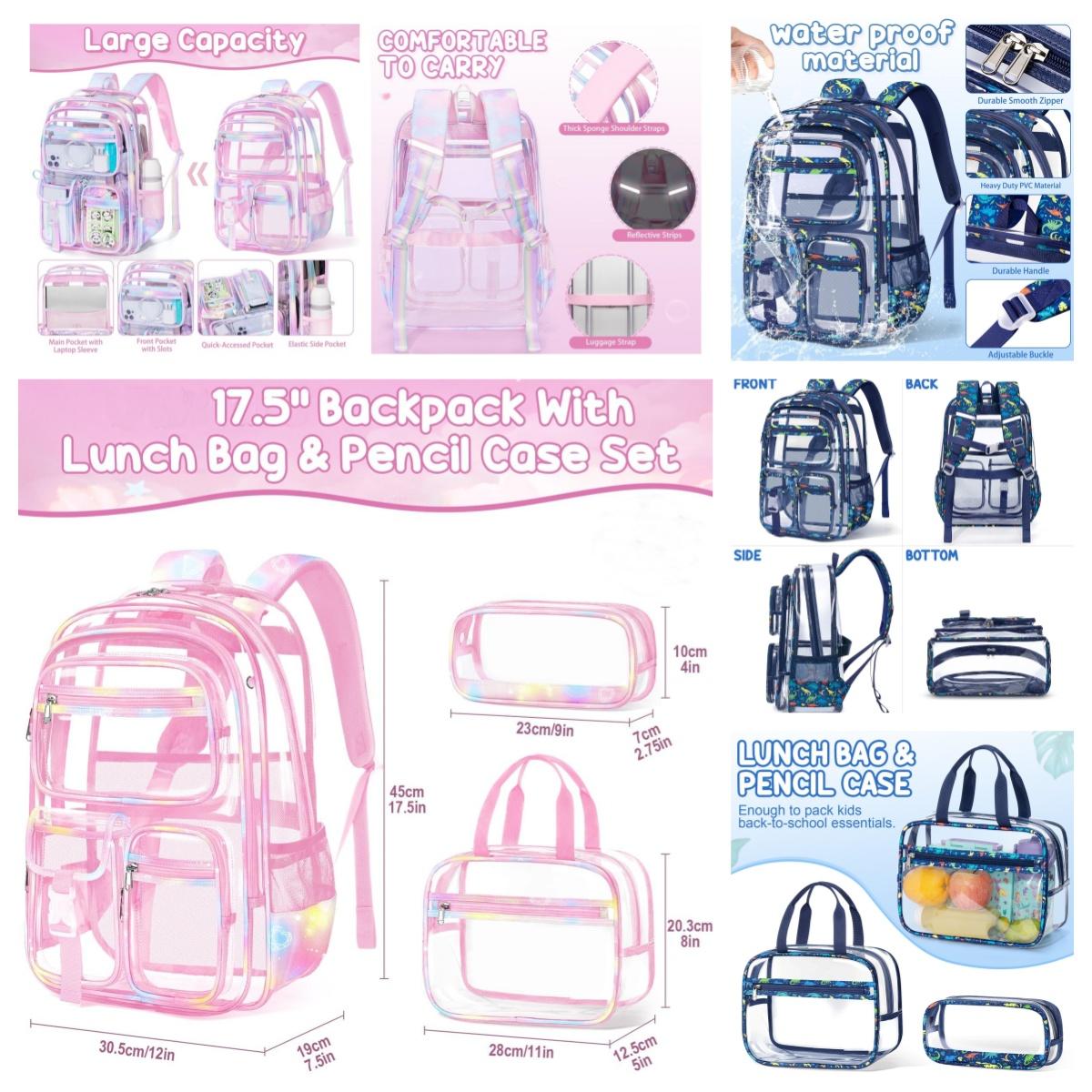Fimibuke Clear Backpack with Lunch Box & Pencil Case - 3 PCS Heavy Duty Transparent PVC Schoolbag Large Waterproof Bookbag for Travel School Concert Stadium Events Backpacks