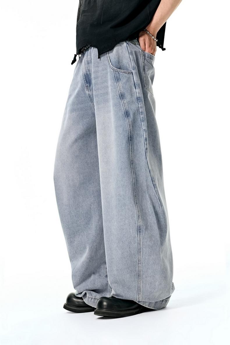 Inflation Baggy Washed Streetwear Wide-Leg Curved Blade Denim Pants Spring Summer New American Style Loose Fit Cargo Jeans Men's Casual Beige Plain Trousers with Pockets Pull On Valentine's Day