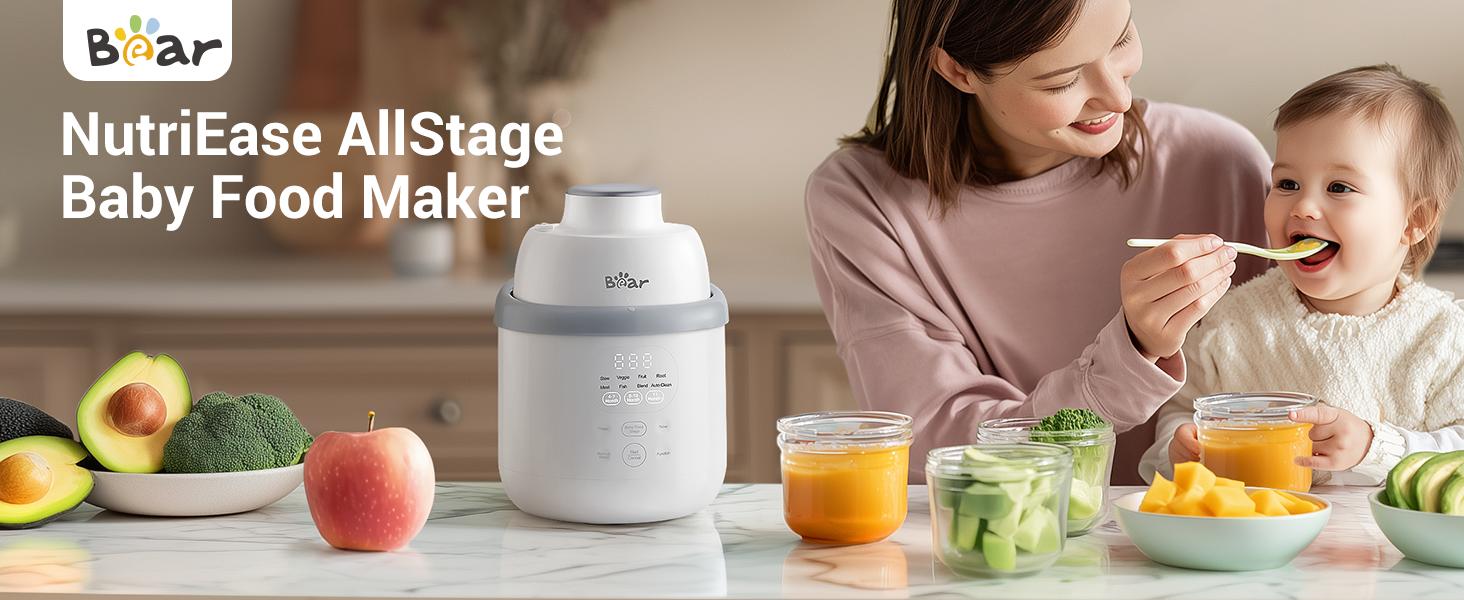 Bear NutriEase AllStage Stainless Steel Baby Food Maker Steamer and Blender, Truly OneStep Baby Food Processor Puree Maker Grinder Mills, Auto Cooking&Grinding for Healthy Homemade Baby Food, BPA-Free