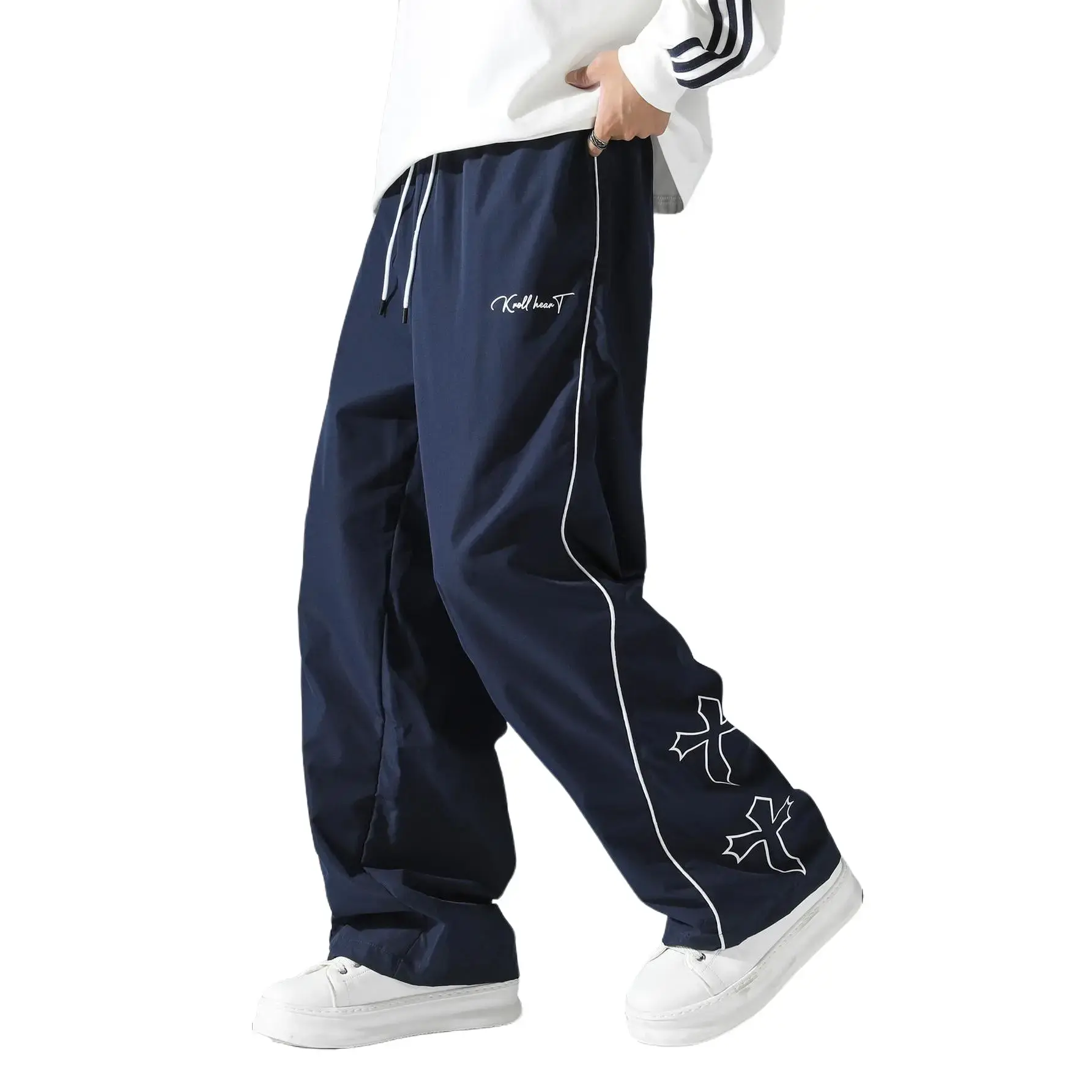 Men's Loose Fit Jogger Sweatpants White Stripes, Elastic Waistband, Comfortable, Fashionable, 2026 Trend Athletic Streetwear for Casual Everyday Wear