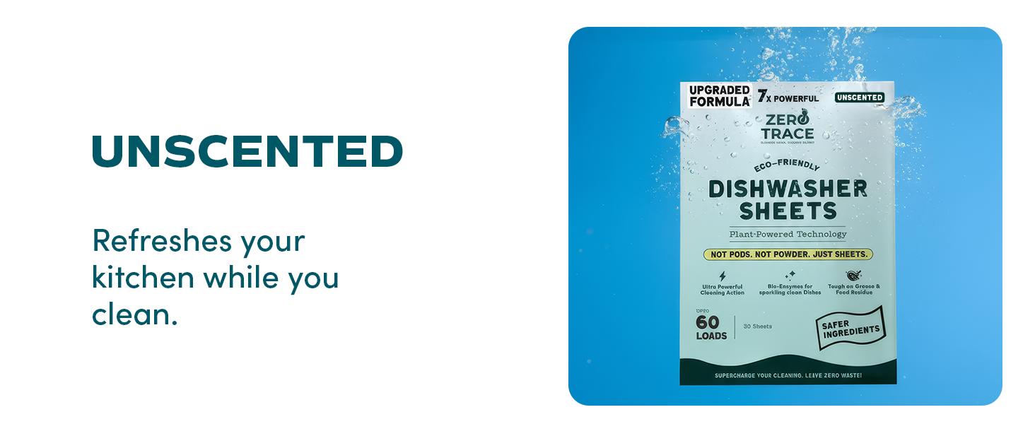 Zero Trace Eco-Friendly Dishwasher Detergent Sheets Unscented - 38 Plant-Based Sheets for Efficient Cleaning & Eco-Friendly Home Care - Ultra Concentrated PROTECH Formula - No Residue, Non-Toxic, Plastic-Free Packaging - Household