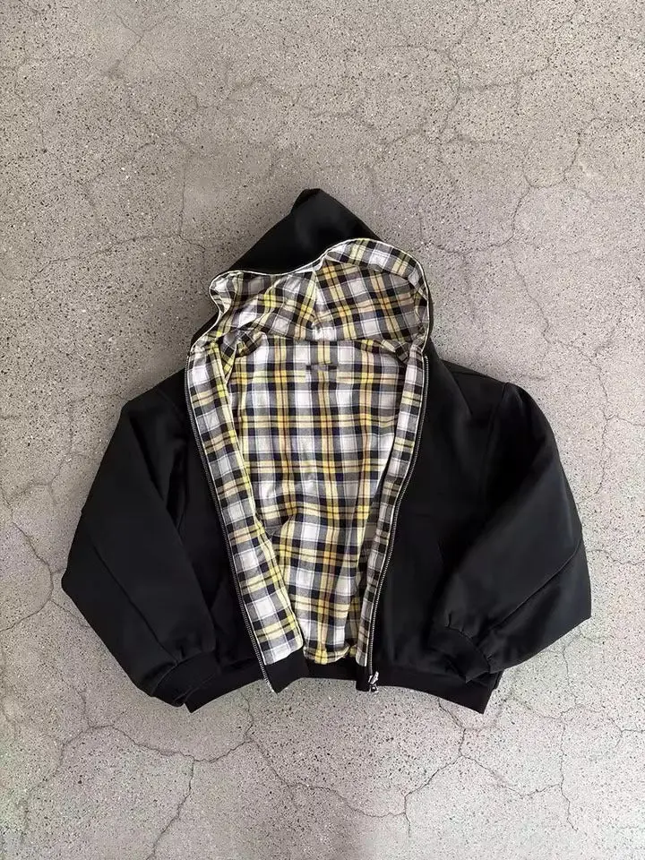 Hooded zip-up plaid patchwork reversible sweatshirt