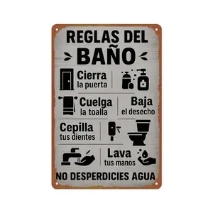 Bathroom Rules - Includes Instructions In Spanish Wall Decor Aluminum Tin Sign Metal Posters for Kitchen Bar Room Bedroom Bathroom Decoration 8x12 Inches
