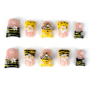 Yellow Press On Bee French Tips Duck Nails French Design Reusable False Nails, Luxe Wearable Nail Tips, Spring Nails