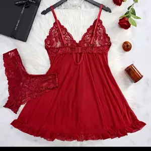 Summer Sexy Lingerie Dress Women Lace See Through Nightdress Sleepwear Solid Slim Soft V Neck Full Slip Sleepwear & Dresses