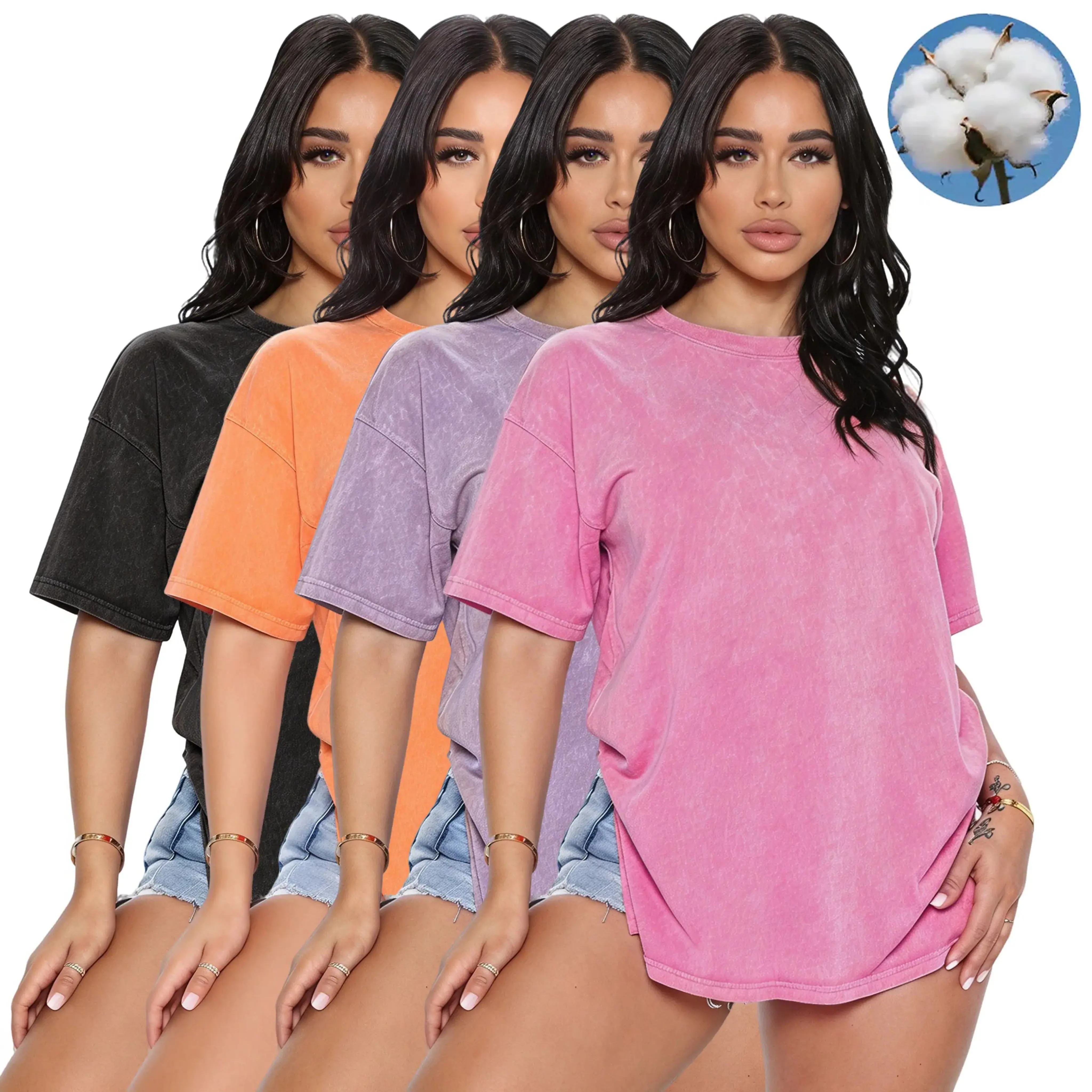 Women's Basic Tops, 4-Pack Casual Loose Fit T-Shirts with Solid Color Distressed Wash, Short Sleeve Crew Neck Daily Wear