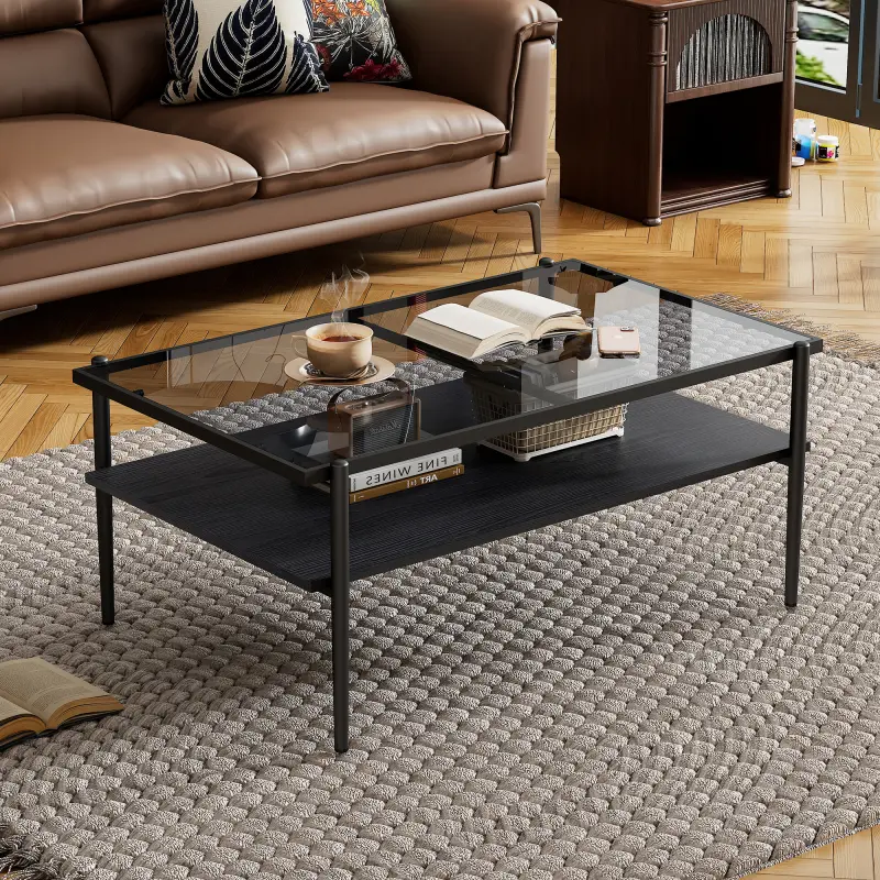 Modern Rectangle Tempered Glass Coffee Table - 38.39"l x 24.21"w x 17.72"h, Gray, Black Metal Legs, Easy Setup, Smooth Edges, 220lb Capacity, Assembly Required, Indoor Living Room Furniture