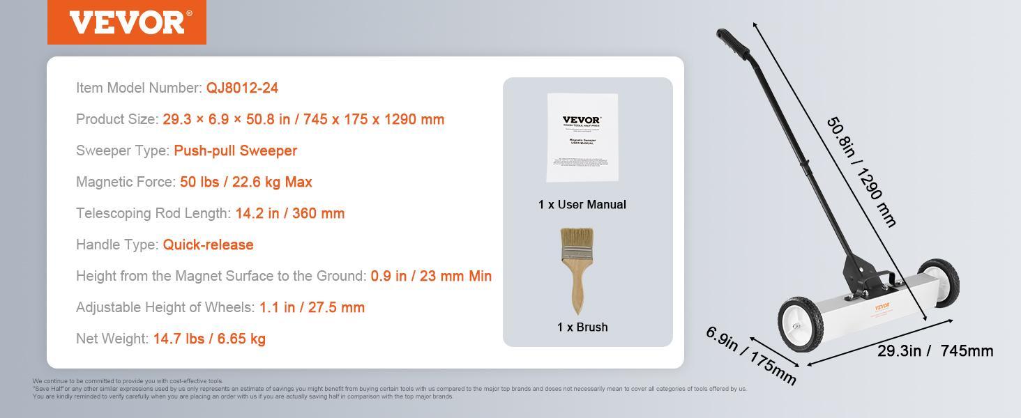 VEVOR 50Lbs Rolling Magnetic Sweeper with Wheels, Push-Type Magnetic Pick Up Sweeper, 24-inch Large Magnet Pickup Lawn Sweeper with Telescoping Handle, Easy Cleanup of Workshop Garage Yard