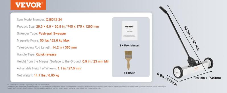 VEVOR 50Lbs Rolling Magnetic Sweeper with Wheels, Push-Type Magnetic Pick Up Sweeper, 24-inch Large Magnet Pickup Lawn Sweeper with Telescoping Handle, Easy Cleanup of Workshop Garage Yard