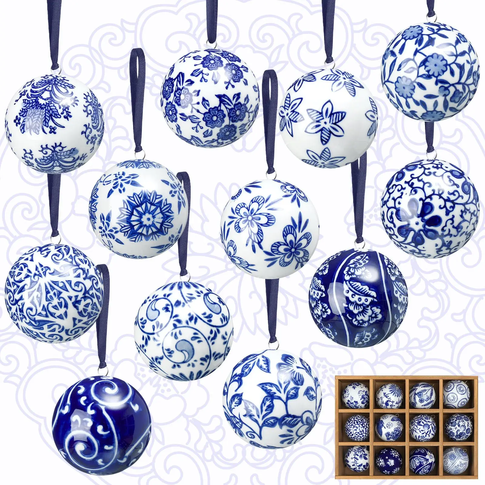Chinoiserie Christmas Ornaments Blue & White Porcelain Ornaments Set Ceramic Fabric Wrapped Christmas Ball Classic Teapot Ginger Jar Hanging Ornament for Xmas Tree Home Birthday Baby Shower Wedding Party Decor Holiday Winter Craft