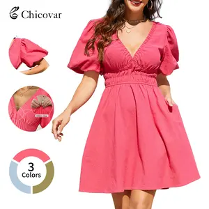 Chicovar Women's Boho Puff Sleeve Mini Dress with Pockets, Deep V Neck Smocked Waist Flowy Summer Dress, Lightweight Vacation Outfit Minimalist