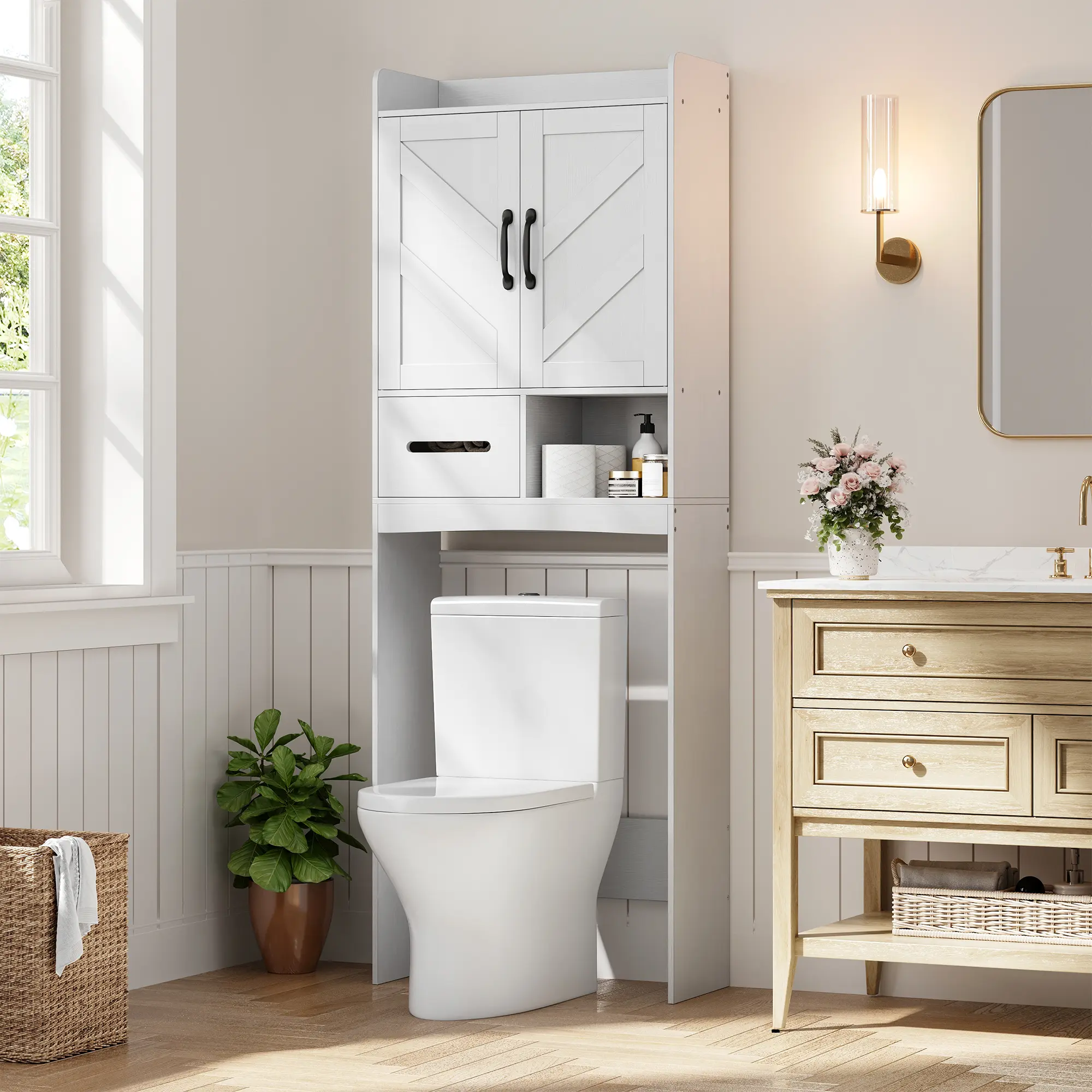 Garvee Over the Toilet Storage Cabinet with Adjustable Shelf and Double Doors, Bathroom Space Saver Organizer Above Toilet with Open Shelf, Taller Wooden Free Standing Toilet Rack Apartment Furniture Space-Sacving