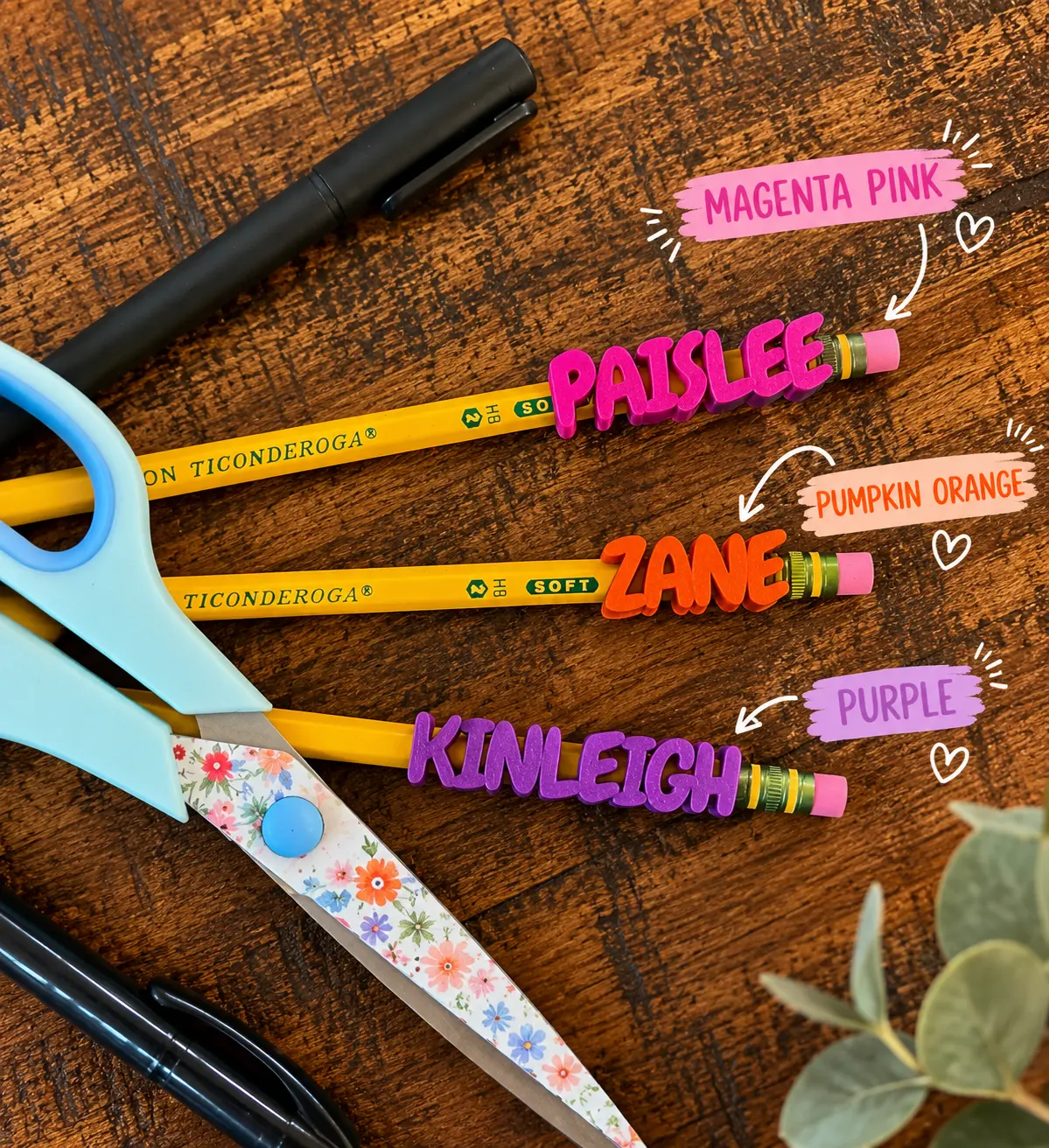 Personalized 3D Printed Pencil Topper | Custom Name Pencil Favor (Fits #2 Pencils) Set of 3