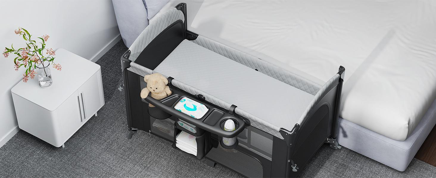 BabyBond Baby Crib 5 in 1 Foldable Baby Bassinets Bedside Sleeper,Large Playard Pack with Mattress, Storage Basket and Mosquito Net, Height Adjustable for Nursery, Ideal Chirstmas Gift for Baby,  Babyshower Gift