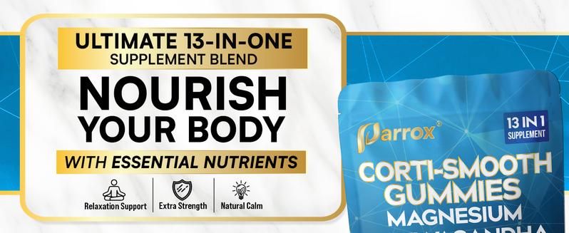 Corti-Smooth Gummies (Mixed Berry Flavor) - Parrox 13 in 1 Magnesium Supplement with L-Theanine, Lions Mane & More Natural Ingredients - Made in USA - (60 Gummies)