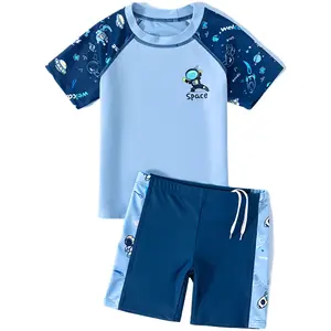 Boys Two Piece Rash Guard and Swim Trunks Outfit Set Kids Short Sleeve Swimsuit