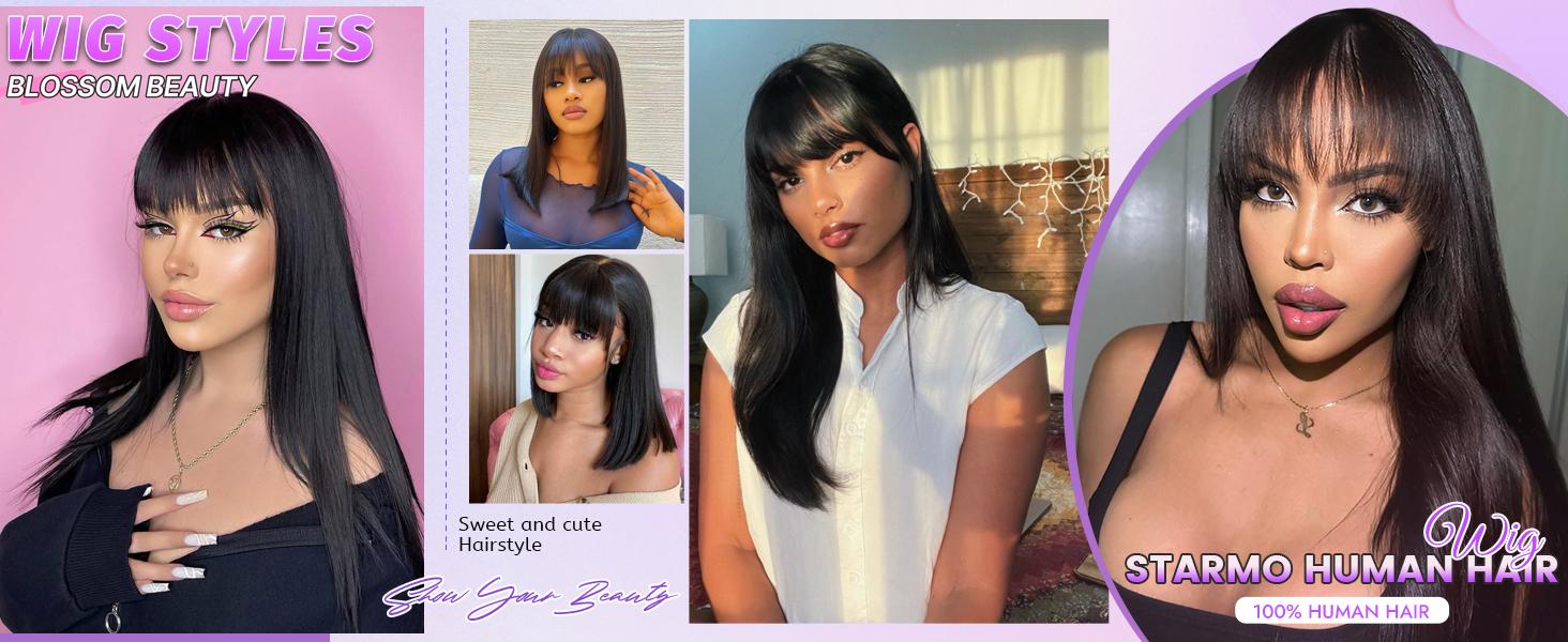 [New In Upgrade With Drawstring] Mamushow Straight Wigs with Bangs Human Hair 2x4 Lace Wig with Drawstring 180% Density Middle Part for Black Women Glueless Machine Made Wigs