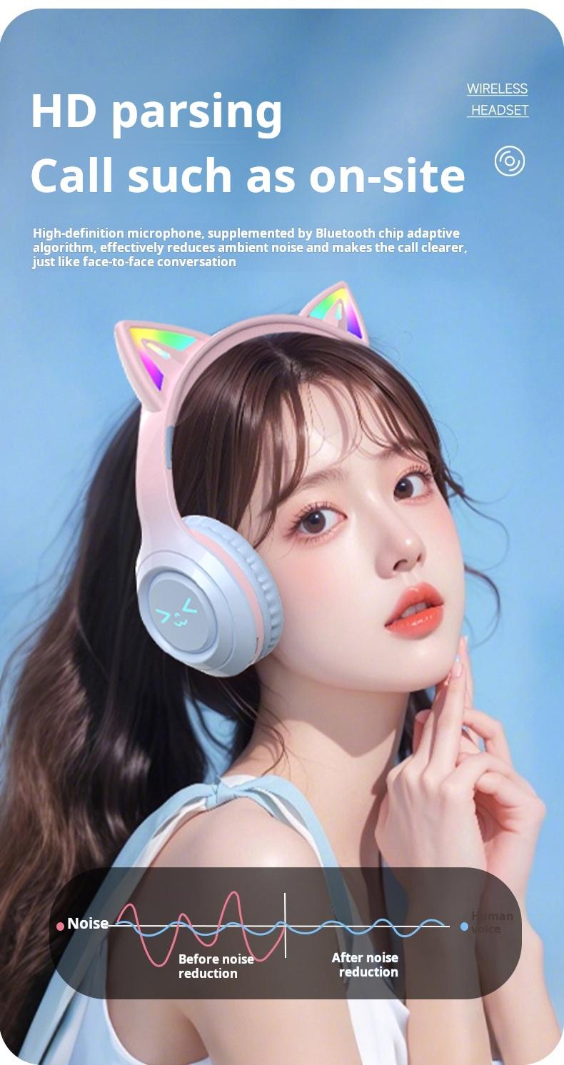 Wireless Bluetooth Cat Ear Headphones with Mic LED Light Foldable Over Ear Headset for Mobile Phone Laptop and Computer Cute Gift for Kids Teens and Adults