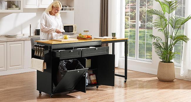 【SPOTLIGHT DAY】ONBRILL 60.2"W Kitchen Island with Two Large Storage Cabinets Drawers Locking Wheels Wood Countertop Power Outlet Spice Rack Paper Towel Holder Rolling Smooth