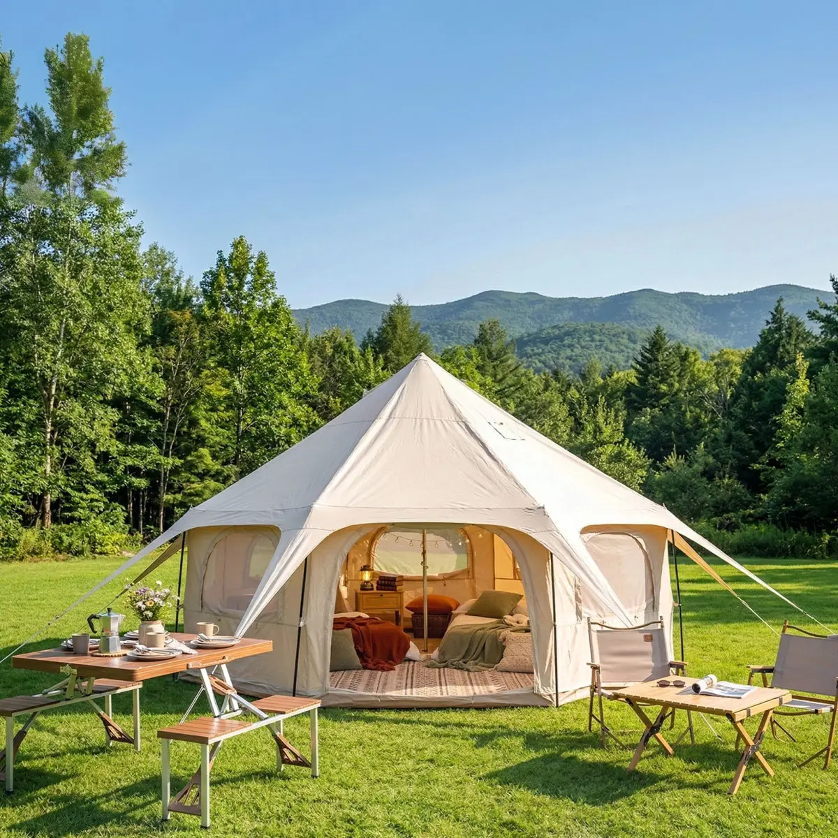[Bellemave] 10-Person 14.8ft Bell Tent with Built-in Stove Jack, 600D Oxford Waterproof Glamping Tent for Family Camping