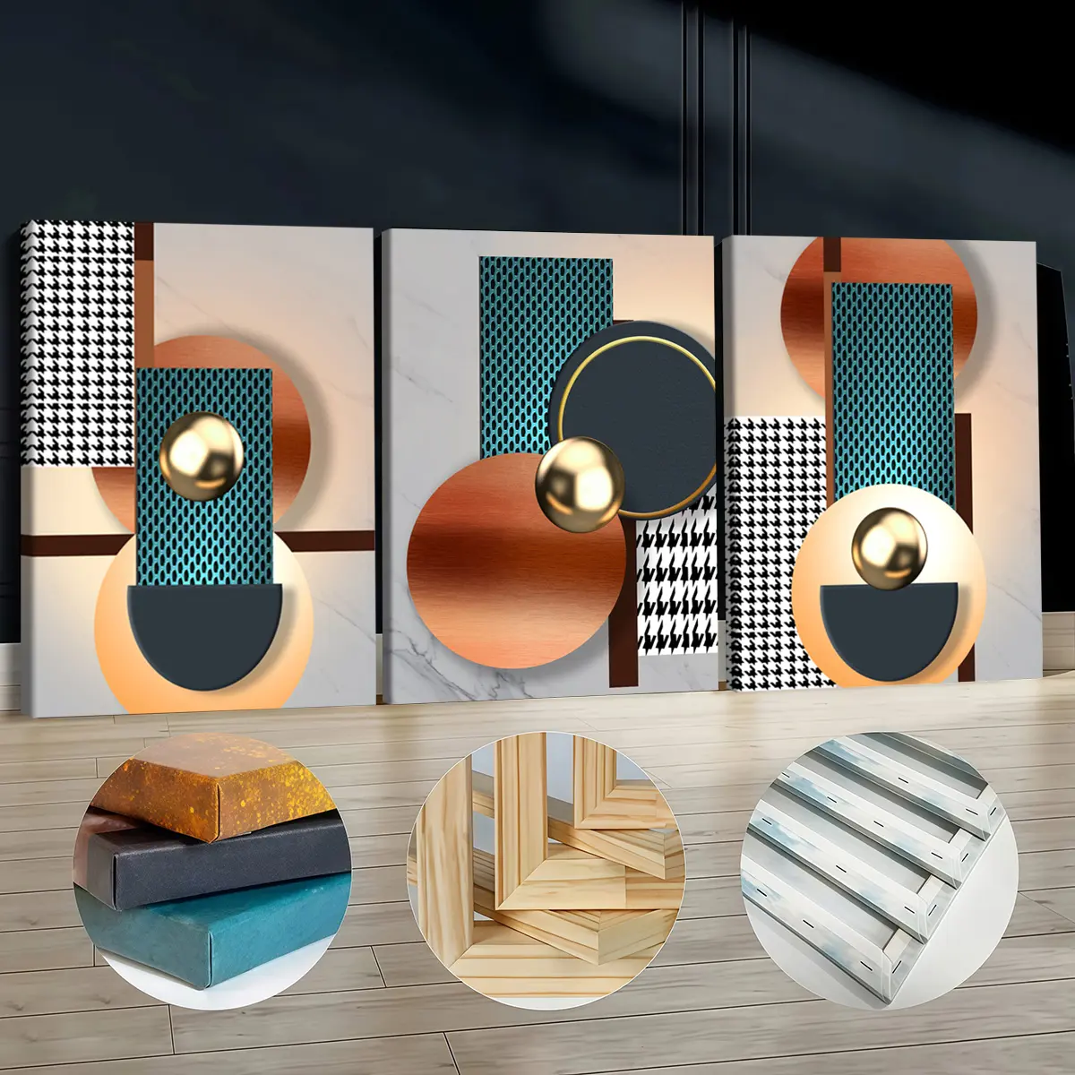3Pcs Artistic Wooden-Framed Canvas Print Home Supplies - Abstract Art with Copper-Gold-Teal Geometric Pattern, Waterproof Odourless Wall Decor for Living Room, Bedroom