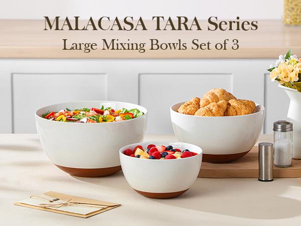 MALACASA Ceramic Large Mixing Bowls, Large Serving Bowls for Cooking, Prepping, Baking, Salad, Soup, Popcorn, Pasta, Nesting Bowls Set of 3, 4.38/2.5/1.44 Qt, Oven, Microwave and Dishwasher Safe Winter Holiday