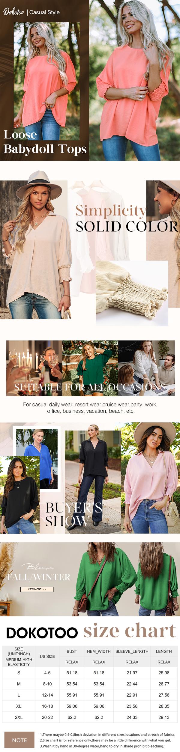 Dokotoo Women's V-Neck 3/4 Sleeve Oversized Tunic Tops Casual Summer Blouses Fitted Shirts 100% Polyester Comfortable Fabric