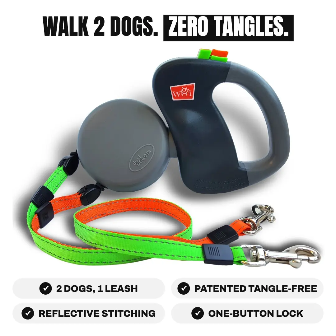 2 Dog Retractable Leash Combo, Tangle-Free, Independent Braking, Dual Control, 50 lbs Max per Dog, 10-ft Lead Length, Waterproof, Hands-Free Pet Lead for Low Light Walks