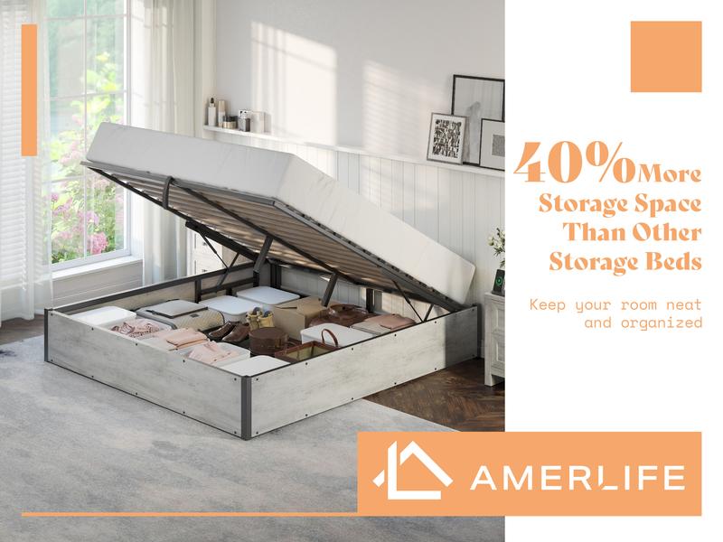 AMERLIFE Lift Up Storage Bed, Full Bed Frame with Storage Underneath, Wooden Platform Bed Frame, Solid Wood Slats Support, No Fixed Headboard Furniture Home/Best Gift Ideas/Christmas Gifts
