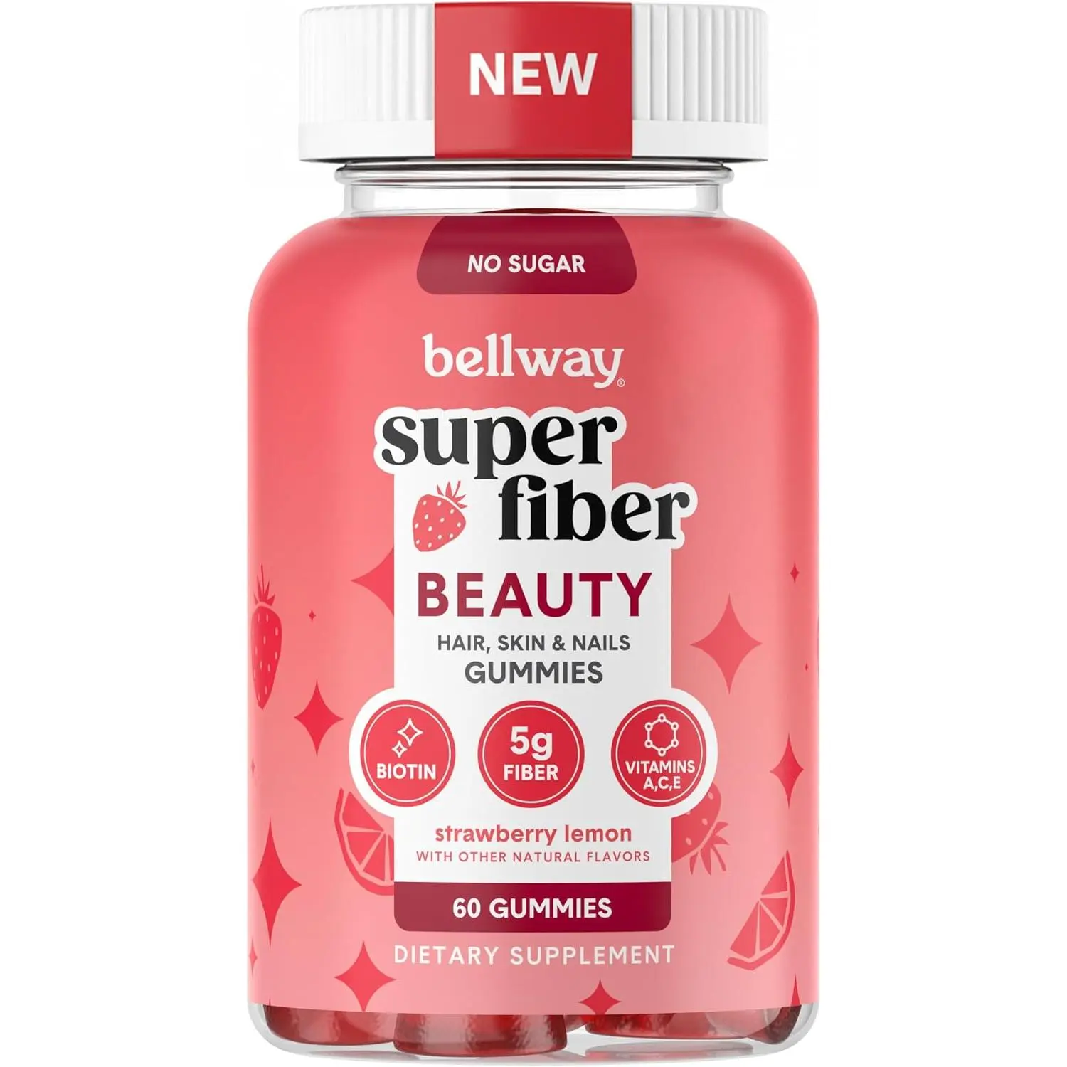 Bellway Super Fiber + Beauty, Fiber Gummies with Biotin, Sugar-Free, 60 Ct | 5g Prebiotic Fiber Supplement with Biotin & Vitamins A, C & E for Digestive Health, Skin, Hair & Nails