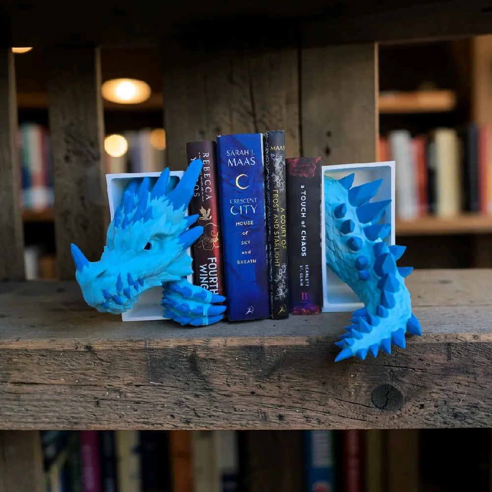 Bright Blue Crystal Dragon Bookends Head and Tail Set 3d printed, bookshelf decor Design