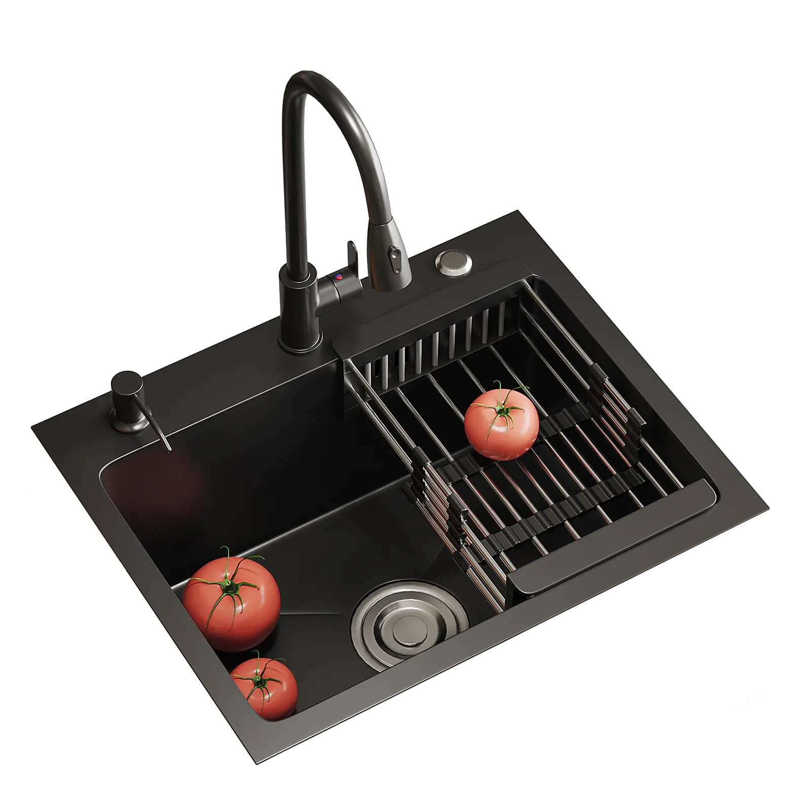 QORVANE Solid Matte Black Heavy-Duty Composite Sink Suite - Rustproof Stainless Steel Pro-Grade Pull-Down Faucet, Soap Dispenser, X-Flow Drain, ScratchGuard Surface, Tool-Free Install for Restaurant Bars/Modern Kitchens