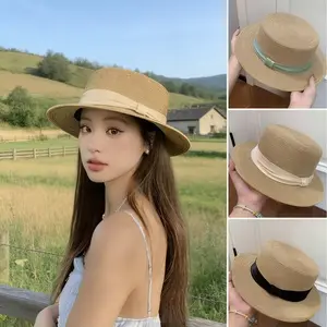 Spring/Summer Women's Silk British Style Straw Hat, Simple Sunshade Fashion Straw Hat, Flat Top Hat