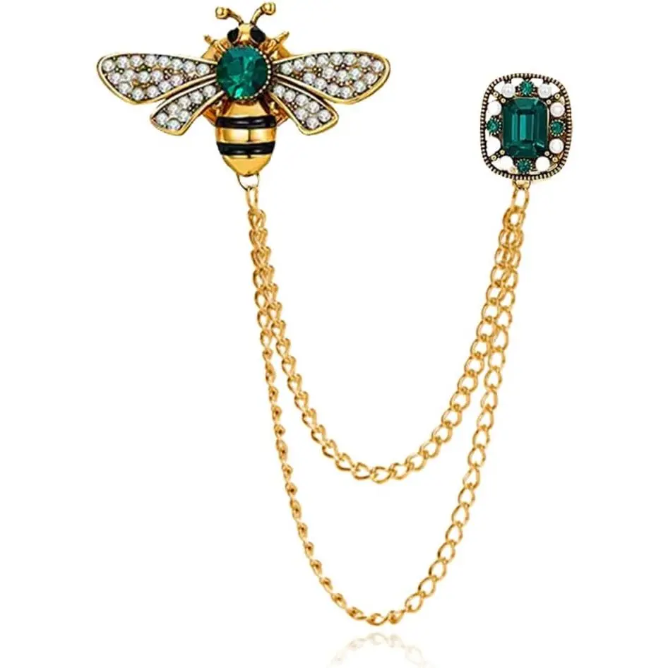 Elegant Bee Brooch Pin with Rhinestone Details and Long Tassel Chain, Vintage-Inspired Lapel Jewelry for Suit Jacket, Reusable Corsage Accessory for Women and Men, Unique Gift Idea with Sparkling Bee Design