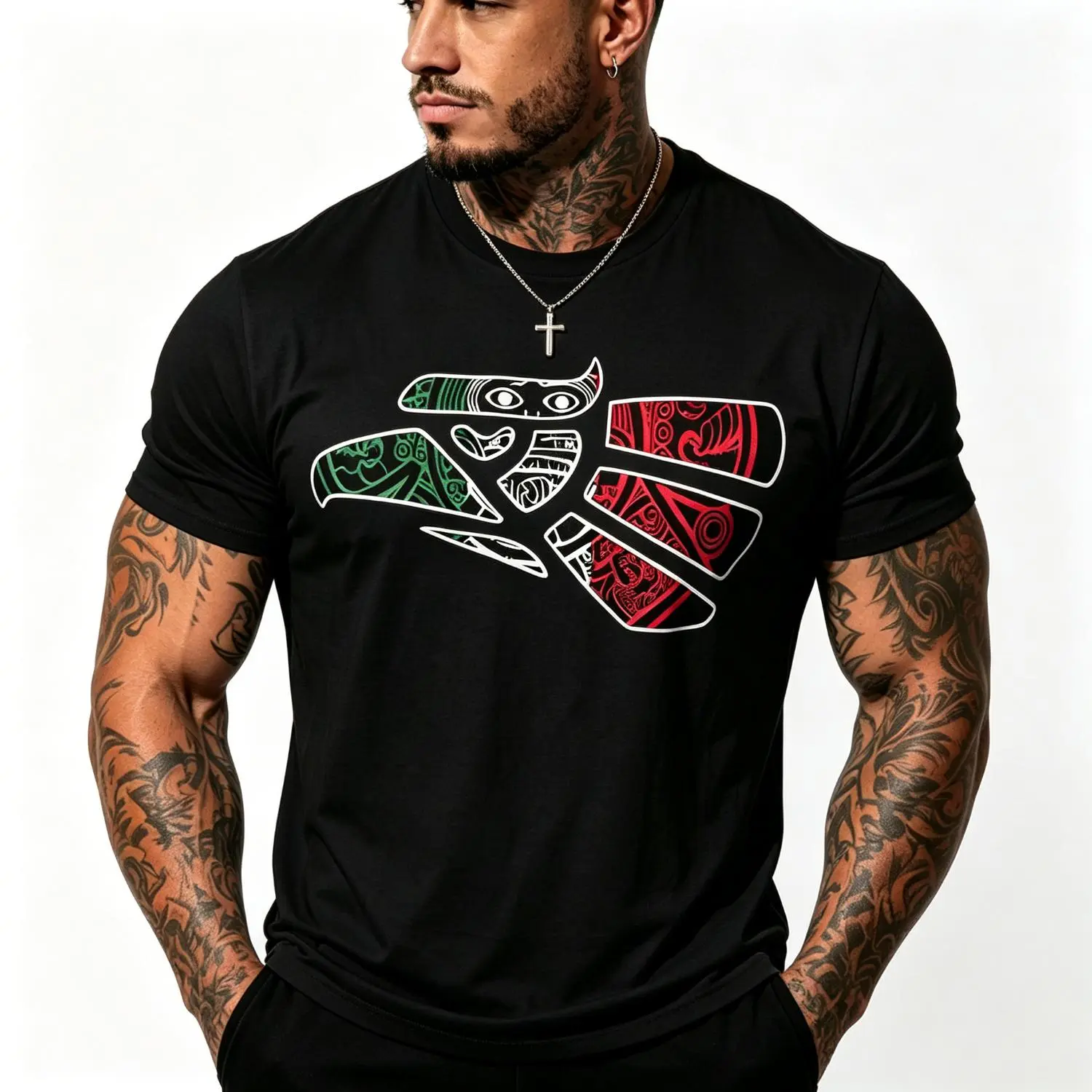 Latino Heritage Cotton T-shirt Featuring Green White Red Mexico Eagle Tribal Art Design with Mexico Flag Tattoo Eagle Theme for Men