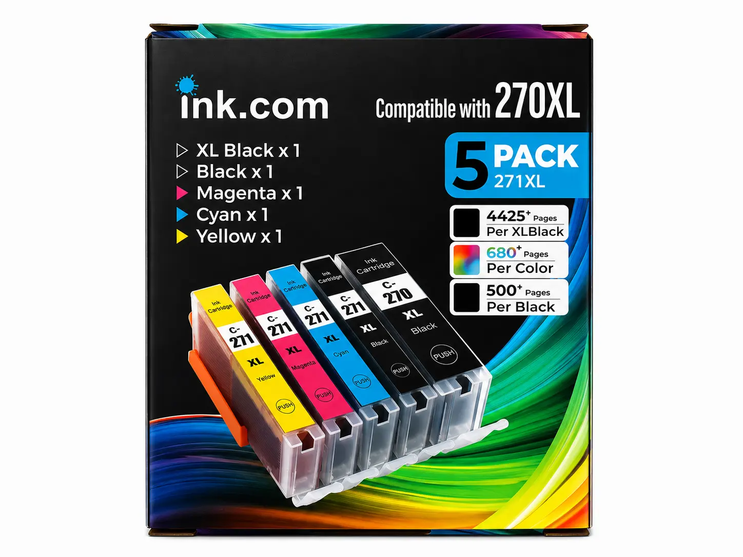 Ink.com High-Yield Replacement Pigment Ink Cartridges (PGI-270XL, CLI-271XL) 5-Pack - Easy Installation, High Capacity Ink, for Canon PIXMA Graphics Printers MG7720, MG6820, TS9020, MG5720, Supports Wireless & Wired Printing, Reliable Output, Home Offices