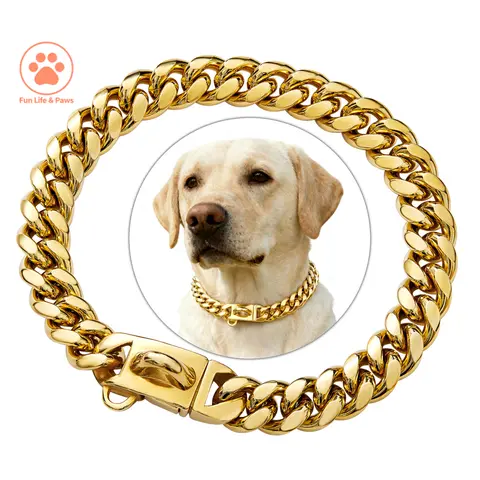 14MM Cuban Link Dog Chain Collar, 18K Gold Plated & Silver Stainless Steel Solid Dog Collar,  Luxury Heavy Duty Chew-Proof Dog Necklace, Sizes 10–28 Inch Trendy, Gold Plating