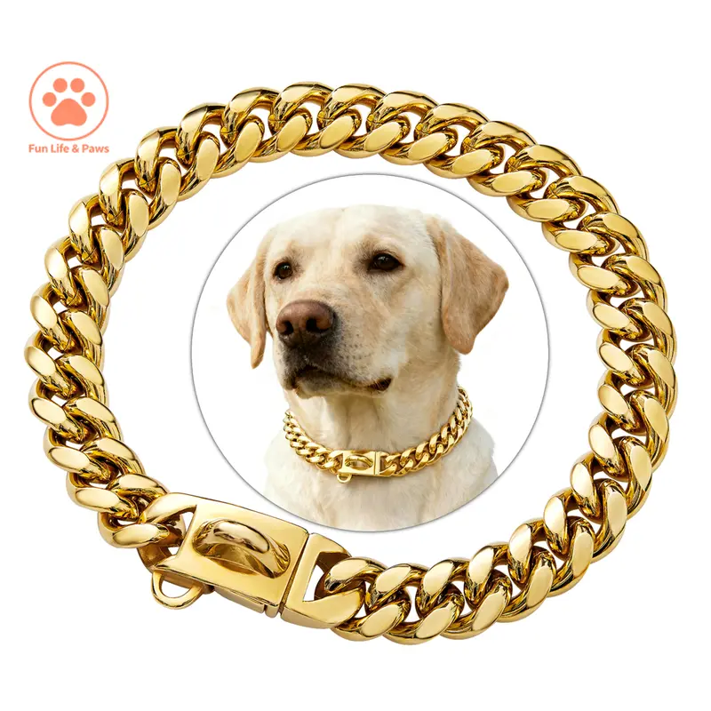 14MM Cuban Link Dog Chain Collar, 18K Gold Plated & Silver Stainless Steel Solid Dog Collar,  Luxury Heavy Duty Chew-Proof Dog Necklace, Sizes 10–28 Inch Trendy, Gold Plating