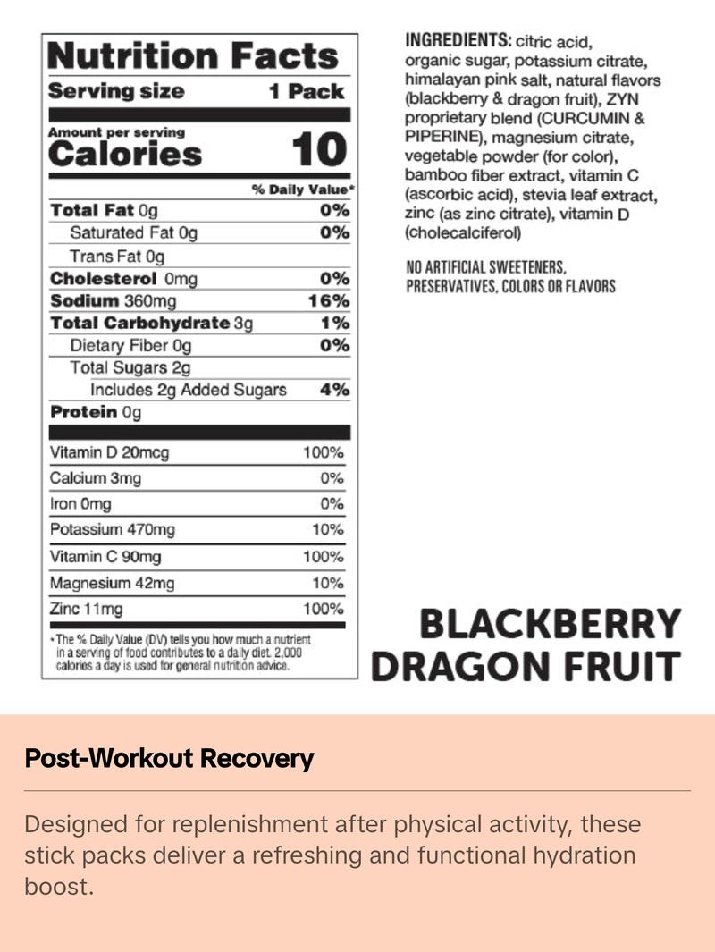 ZYN  Turmeric Electrolyte Drink Mix Hydration Variety Pack, with Turmeric, Vitamin C, Vitamin D, Zinc - Benefits Healthcare Natural