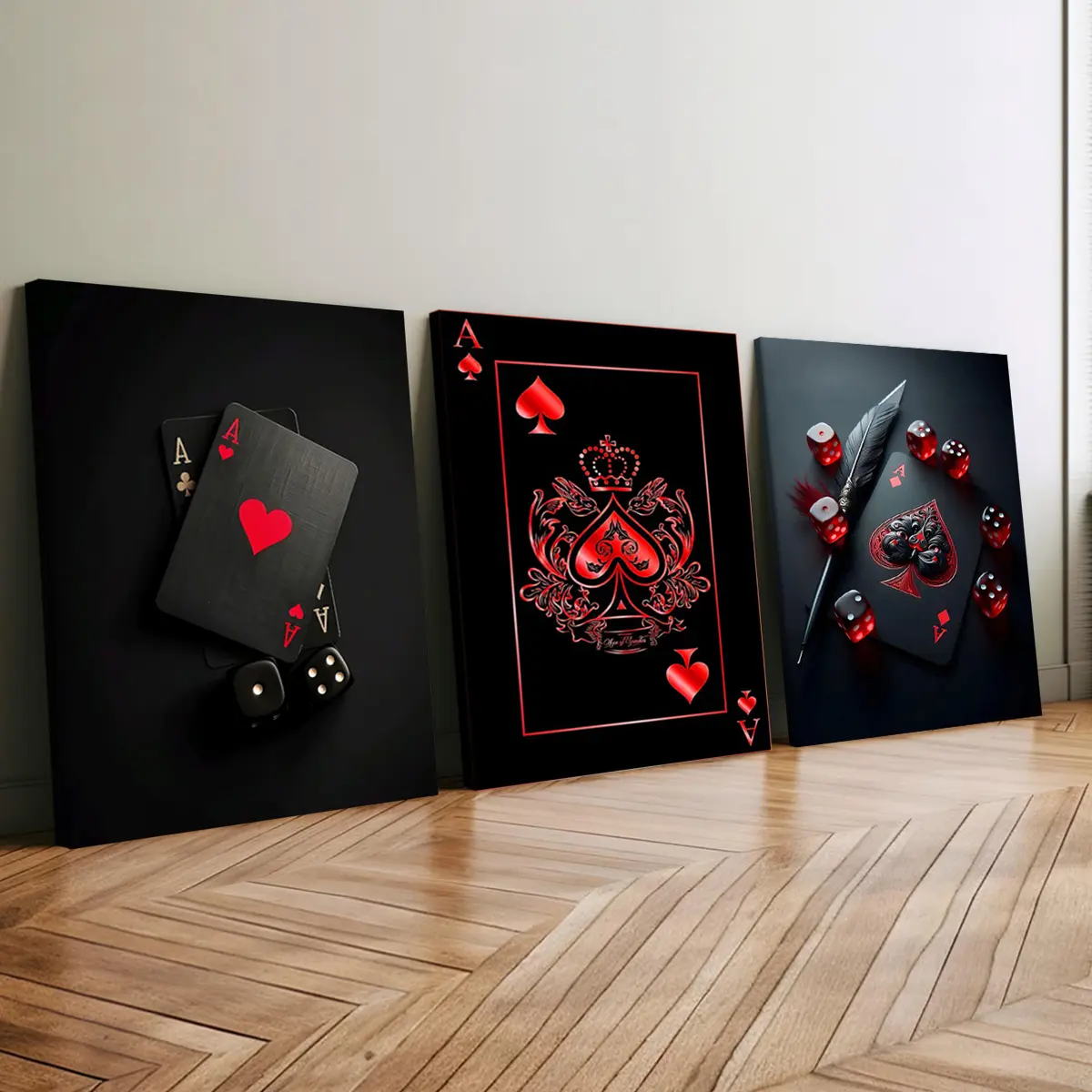 3Pcs Artistic Wooden Framed Canvas Painting Set - Red Black Ace Of Spades Playing Cards & Dice Images, Waterproof Odorless Wall Art, Adult Indoor Decoration, Cool Stuff For Room Home Decor Accessory, House Decor