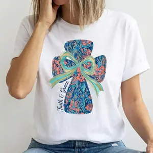 Vibrant Cross and Bow Cotton Casual Round Neck Short Sleeve Summer T Shirt Featuring He Is Risen Graphic Machine Washable Perfect Christian Easter Gift