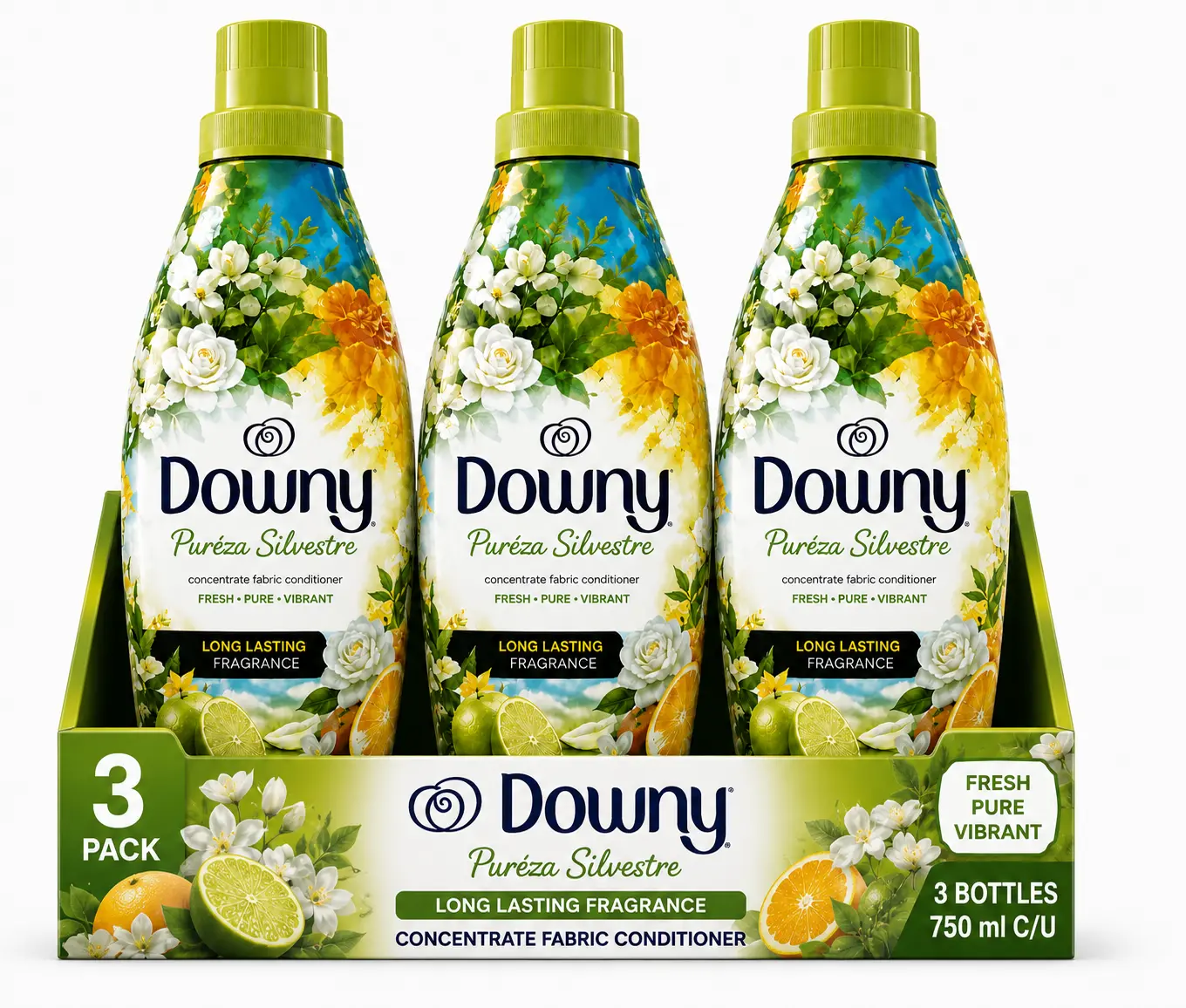 Downy Pureza Silvestre Concentrated Fabric Conditioner, 3 Pack, 750 ml Bottles, Long-Lasting Citrus & Floral Freshness