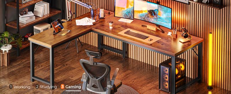 Huuger 63 Inch L Shaped Desk with Power Outlets and USB-C Port, 0.95 Inch Thicker Desktop, Reversible Computer Desk, Larger Office Corner Gaming Desk, for Home Office, Study Monitor Mount