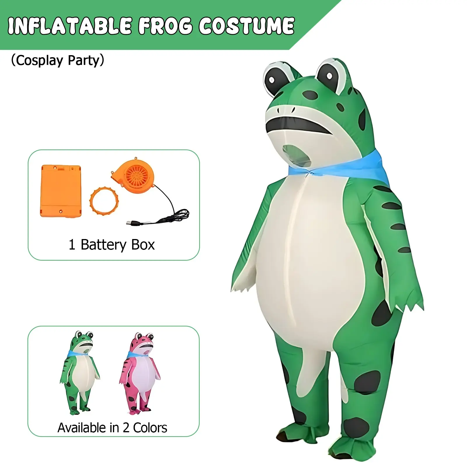 Adult Funny Frog Inflatable Mascot Costume, Cosplay, Fun Animal Shape, Unisex, Fits Height 59-75 Inches, Battery/USB Dual Power, Halloween Party