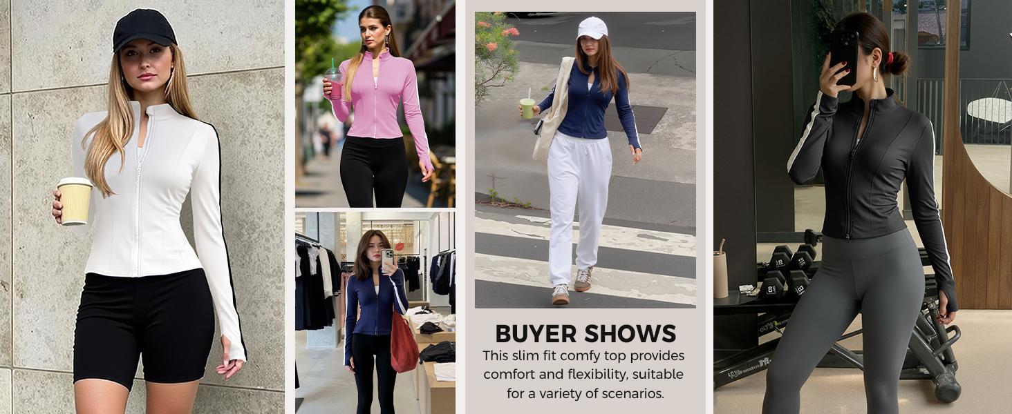 Fisoew Sports  2026 Summer Spring Women's Zippered Sports Jacket, Pleated Lightweight Slim Fit  Stand Collar with Thumbhole Pockets, SpringStatements